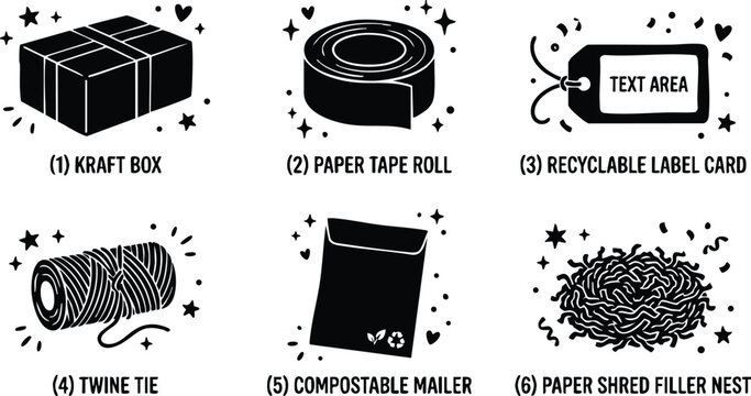 Black and white line art eco packaging elements including kraft box twine tape label compostable mailer and paper shred filler nest