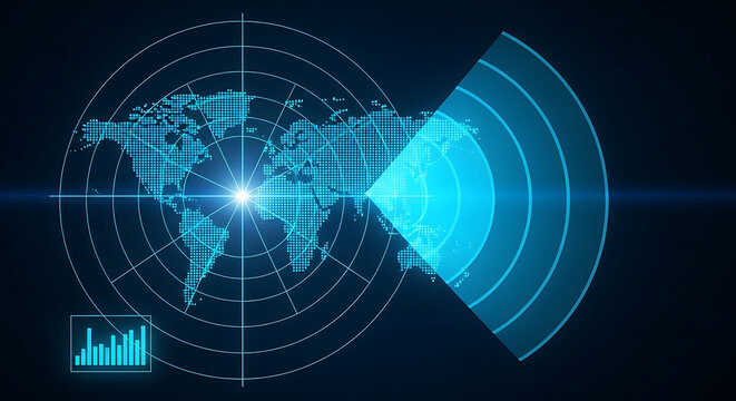 global network technology concept with world map and digital radar