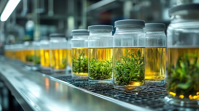 In a lab, tea samples sit in jars with green leaves steeped in a yellow liquid, awaiting quality testing.