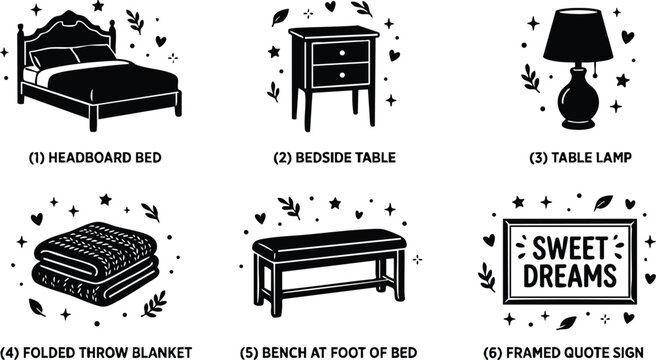 Black and white headboard bed bedside table and lamp with folded throw blanket and sweet dreams framed quote sign