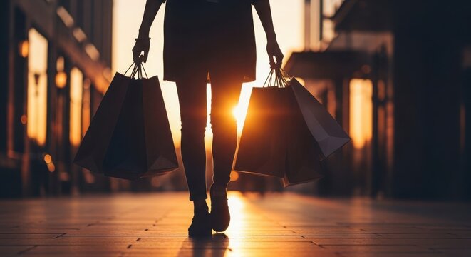 Silhouette of a woman with shopping bags walking towards sunset outdoors