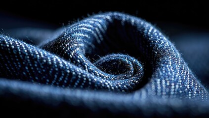 Fototapeta premium Close-up of a dark blue denim fabric, tightly wound in a spiral