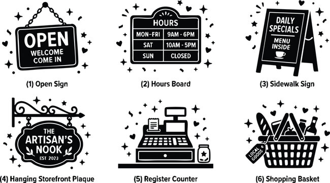 Black and white open sign hours board sidewalk sign storefront plaque cash register and shopping basket vector art
