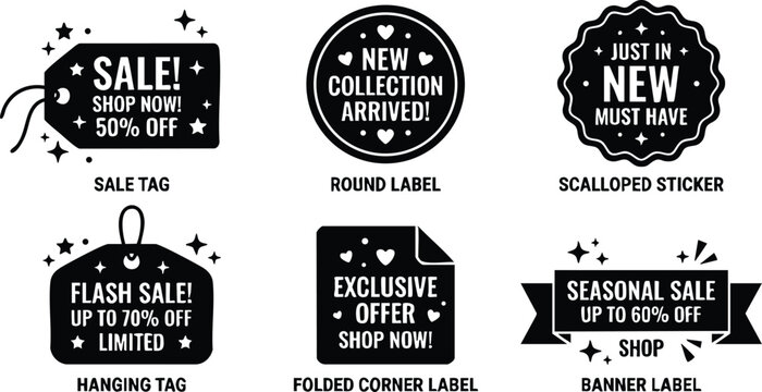 Black sale tag round label scalloped sticker hanging tag folded corner and banner labels with sale text