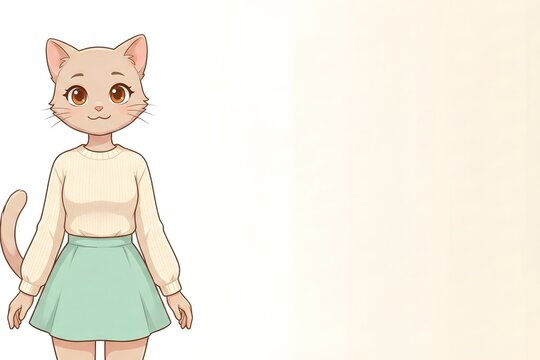 可愛い猫の擬人化キャラクターと白背景のコピースペース