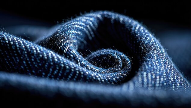 Close-up of a dark blue denim fabric, tightly wound in a spiral