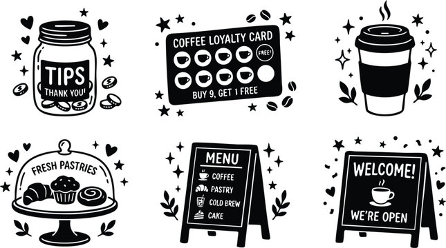 Black and white coffee shop icons tips jar loyalty card menu and welcome sign flat design