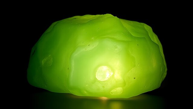 jadeite. Uncut jadeite rough stone glowing warm green under spotlight on dark surface. STEM education sheets, lab safety posters, designed for biotech research communications.