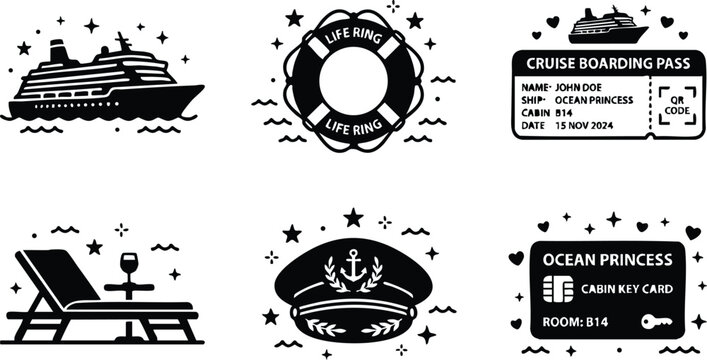 Black and white vector art cruise ship life ring boarding pass captain hat and cabin key card