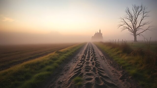 rightly. A dirt path with footprints leading to a misty farmhouse at dawn. travel magazines, destination branding, designed for travel destination branding and outdoor magazines and nature guides.