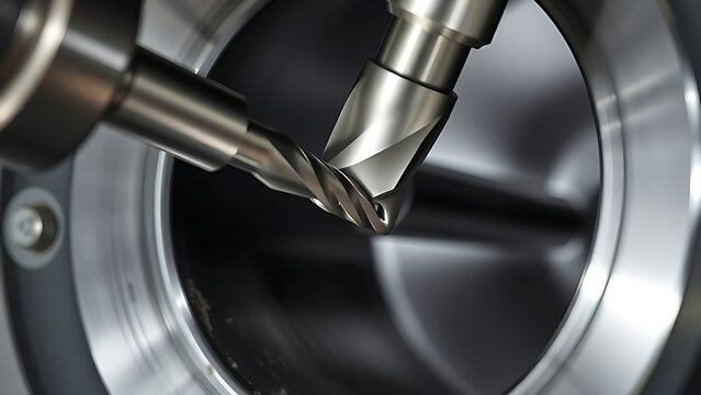 reamer. Close-up of a tool machining a metal cylinder, industrial detail. safety posters, maintenance manuals, designed for precision metalworking and fabrication facilities, improves efficiency.