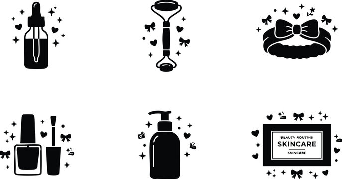 Black and white skincare icons including bottle dropper nail polish roller and soap bar art
