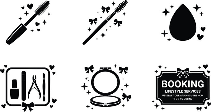 Black and white makeup mascara brush nail kit cosmetic compact powder booking sign vector art