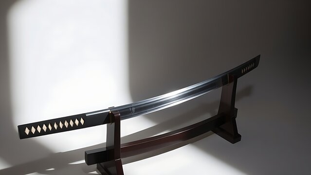 unsheathed. Japanese katana on dark lacquered stand with sharp shadows. event programs, museum guides, designed for cultural heritage projects and event programs, preserves heritage.