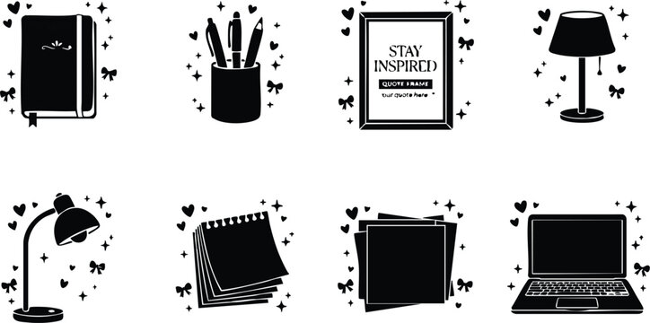 Black silhouette office elements notebook pencils lamp sticky notes laptop vector art