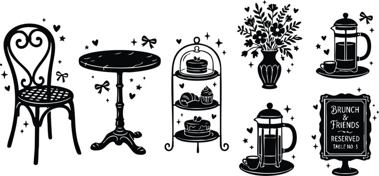 Cafe chair table cake stand french press and brunch sign
