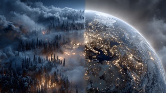 Conceptual split-screen artwork contrasting a smoky forest wildfire with a glowing night planet, ideal for illustrating climate change, global impact, and environmental responsibility.