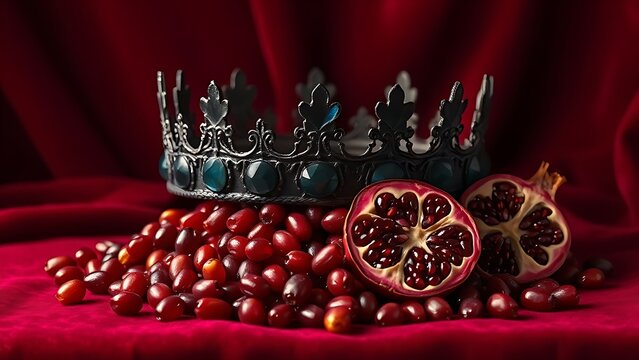 oxymoron. Obsidian crown and pomegranate seeds on crimson velvet in dramatic lighting. event programs, museum guides, designed for cultural heritage projects and event programs.