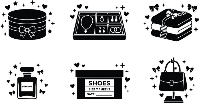 Gift box jewelry tray folded clothes perfume shoe box and handbag icons