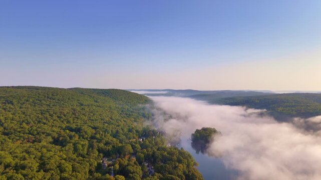 Aerial Lake Morning Mist Hudson Valley Highlands Forested Shoreline