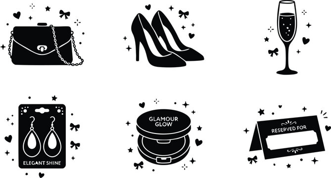 Black and white glamour icons with purse high heels champagne makeup and reserved sign