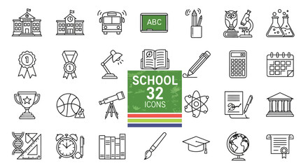 Fototapeta premium 32 School and Education Line Icons Set: Minimalist Vector Symbols for Back to School, Learning, Science, and Graduation.