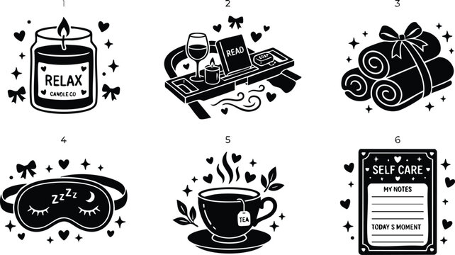 Black and white relax candle tea cup and self care notes icons set