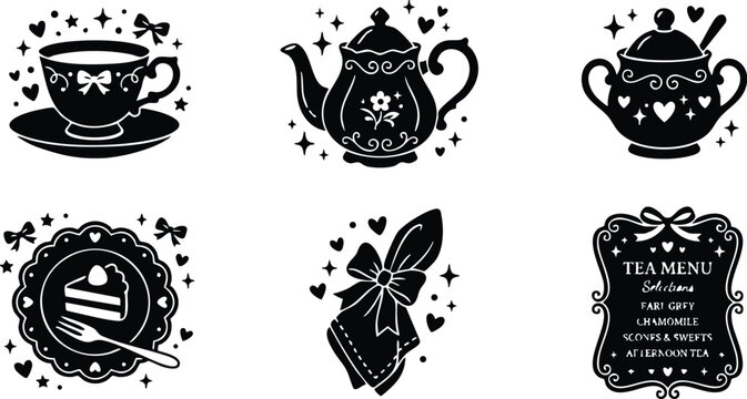 Black silhouette tea set with decorative bow teapot cup cake slice and tea menu sign