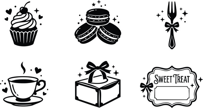 Black and white sweet treat cupcake macaron fork with bow coffee cup gift box and label line art vector