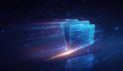 Digital folder icon, fast moving, futuristic glow