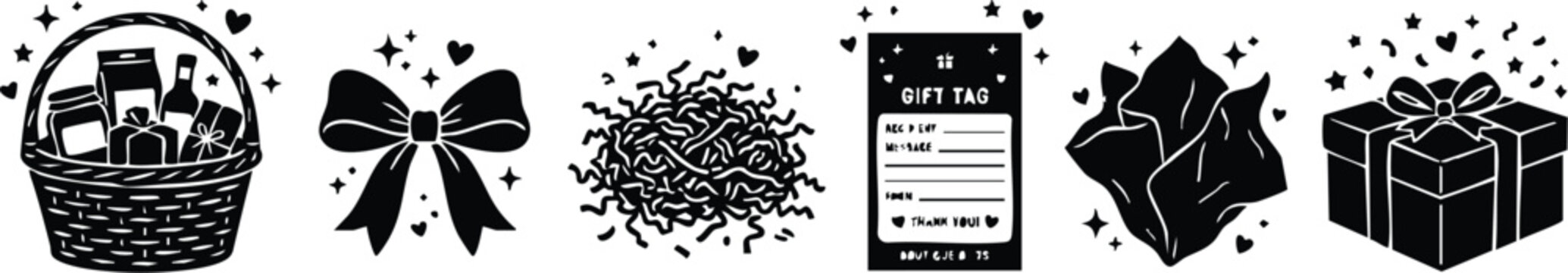 Black and white basket with gift tag bow shredded paper and wrapped present vector art