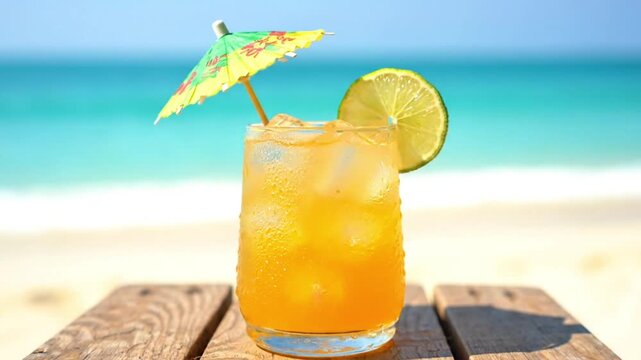 Refreshing tropical drink with lime and umbrella on a sunny beach