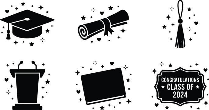 Black silhouette graduation cap diploma tassel podium and congratulations class of 2024 label