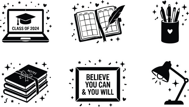 Black and white class of 2024 laptop and motivational quote with books and study icons