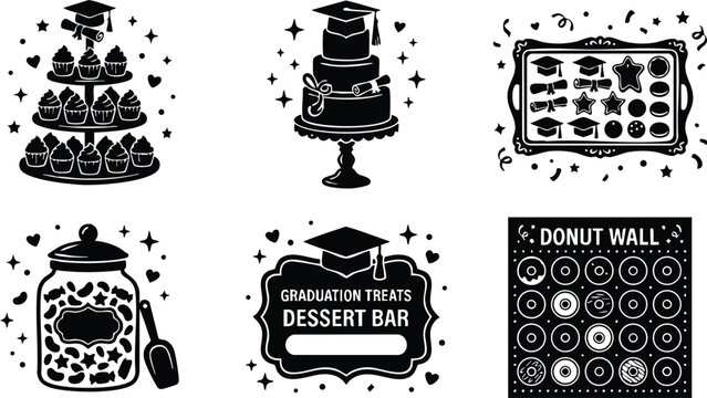 Black and white graduation dessert bar icons with cupcakes cake treats and donut wall