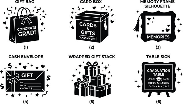 Black and white graduation gift bag card box memory frame cash envelope wrapped gift stack and table sign vector art