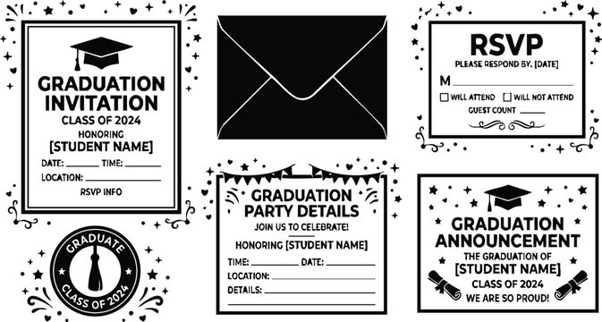 Black and white graduation party invitation set with cap and scroll vector art