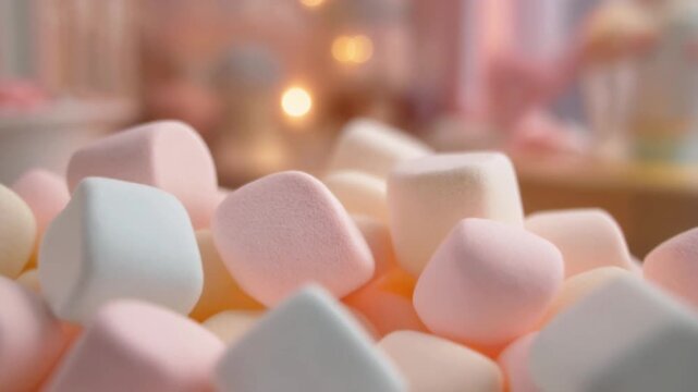 Close-up of pastel colored marshmallows piled together highlighting soft texture and sweet confectionery appeal in detailed view