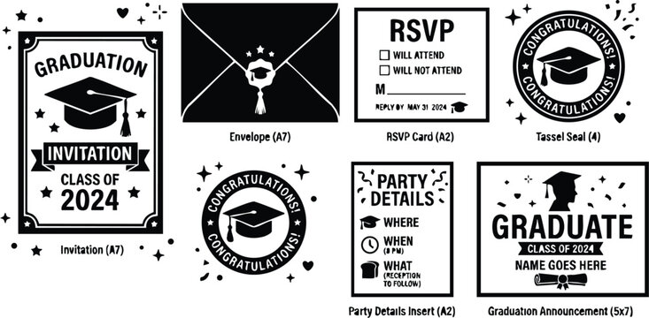 Black and white graduation class of 2024 invitation set with tassel seal and rsvp card