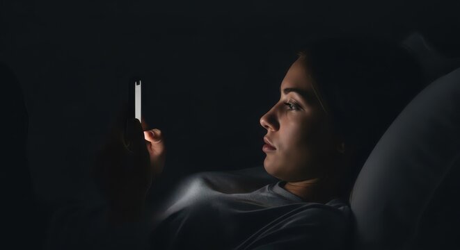 Young Woman Lit by Smartphone Screen at Night in Dark Bedroom