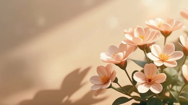 Close-up of delicate pink flowers with soft warm light and shadow highlighting petal details and shallow depth of field