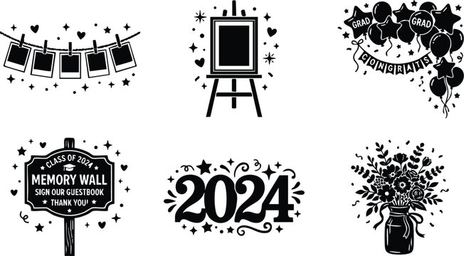 Black and white 2024 graduate balloons congrats memory wall photo string and flower bouquet vector art