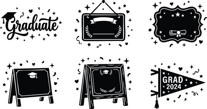 Black and white graduate lettering with cap and 2024 grad pennant vector art