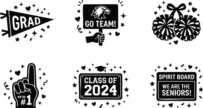 Black and white class of 2024 graduation cheer and spirit icons with pom poms foam finger and team signs