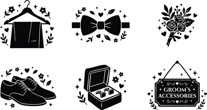 Black and white groom accessories vector art including shoes bow tie cufflinks and bouquet