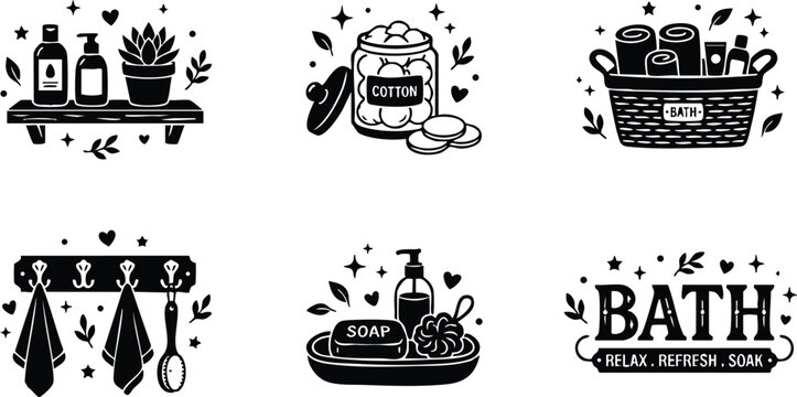 Black and white bath set with soap cotton basket and towels line art vector
