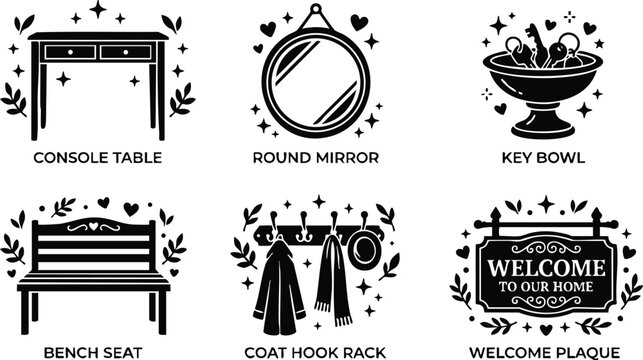 Black and white decorative icons of console table round mirror key bowl bench seat coat hook rack and welcome plaque
