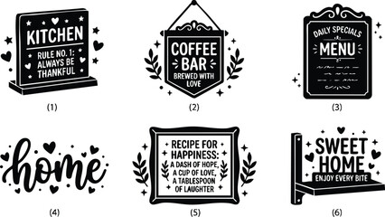 Obraz premium Black and white kitchen rules coffee bar menu and home positive quotes vector art