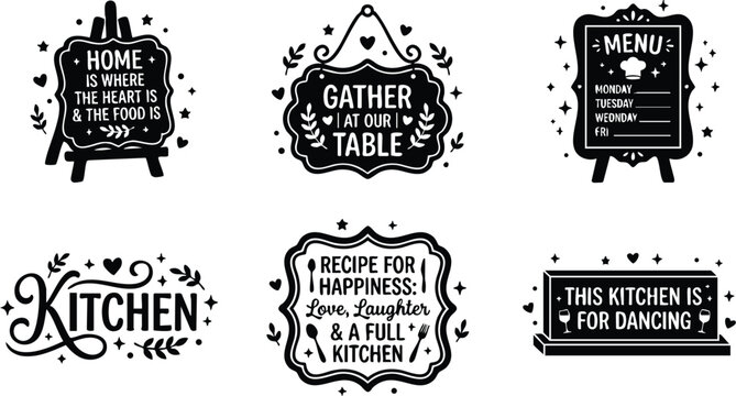 Black and white kitchen quotes with decorative frames and signs vector art