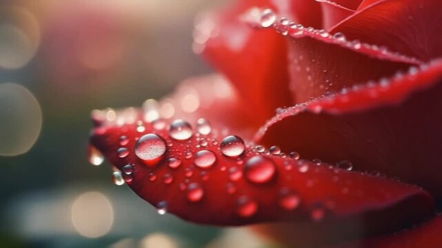 Macro shot of red rose with delicate petals covered in glistening water droplets against soft blurred background with bokeh effect